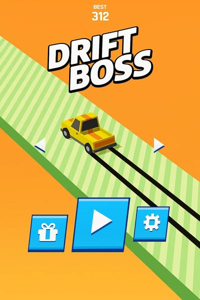 Drift Boss main menu showing best score of 312 points with play button and menu options